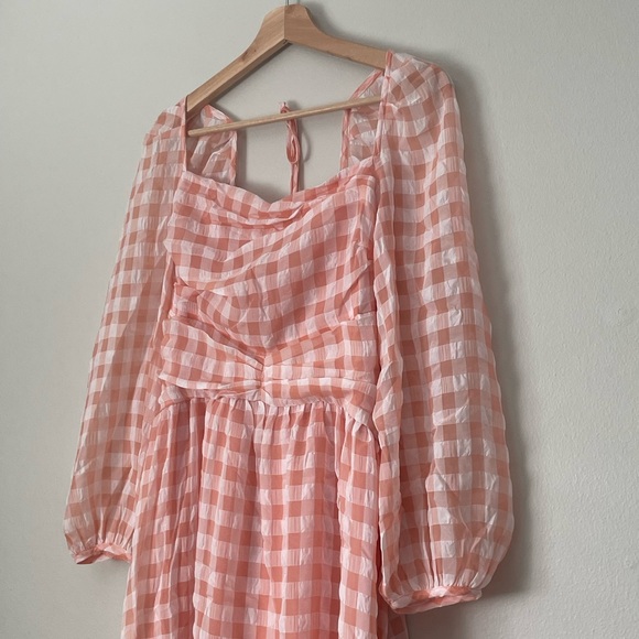 Kestan Coquette Style Baby Pink Gingham Square neck Long Sleeve Maxi Dress - Picture 3 of 15